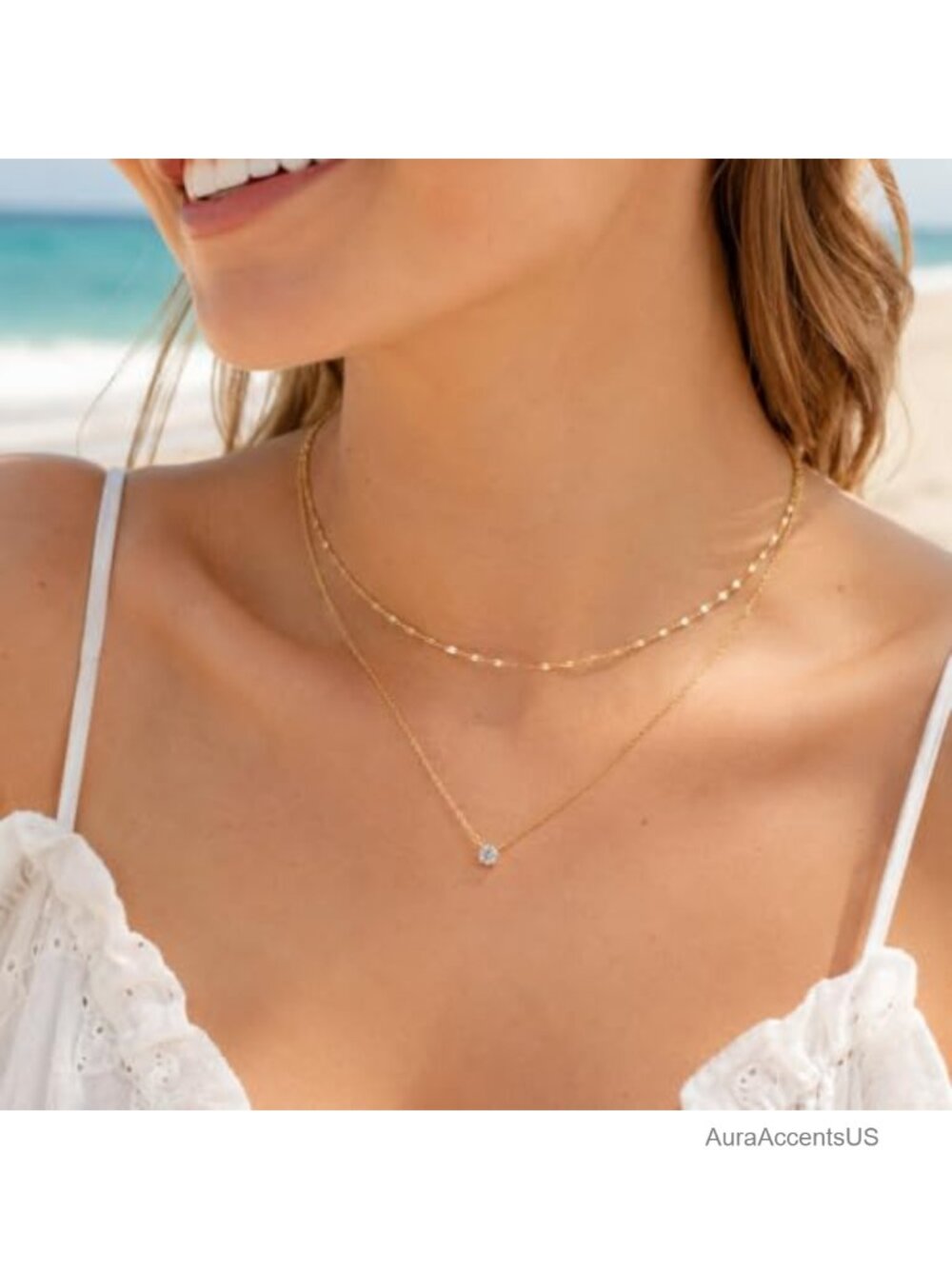 Layered Necklace Set Women Cubic Zirconia Pendant 14K Gold Silver Plated Double - Picture 2 of 6